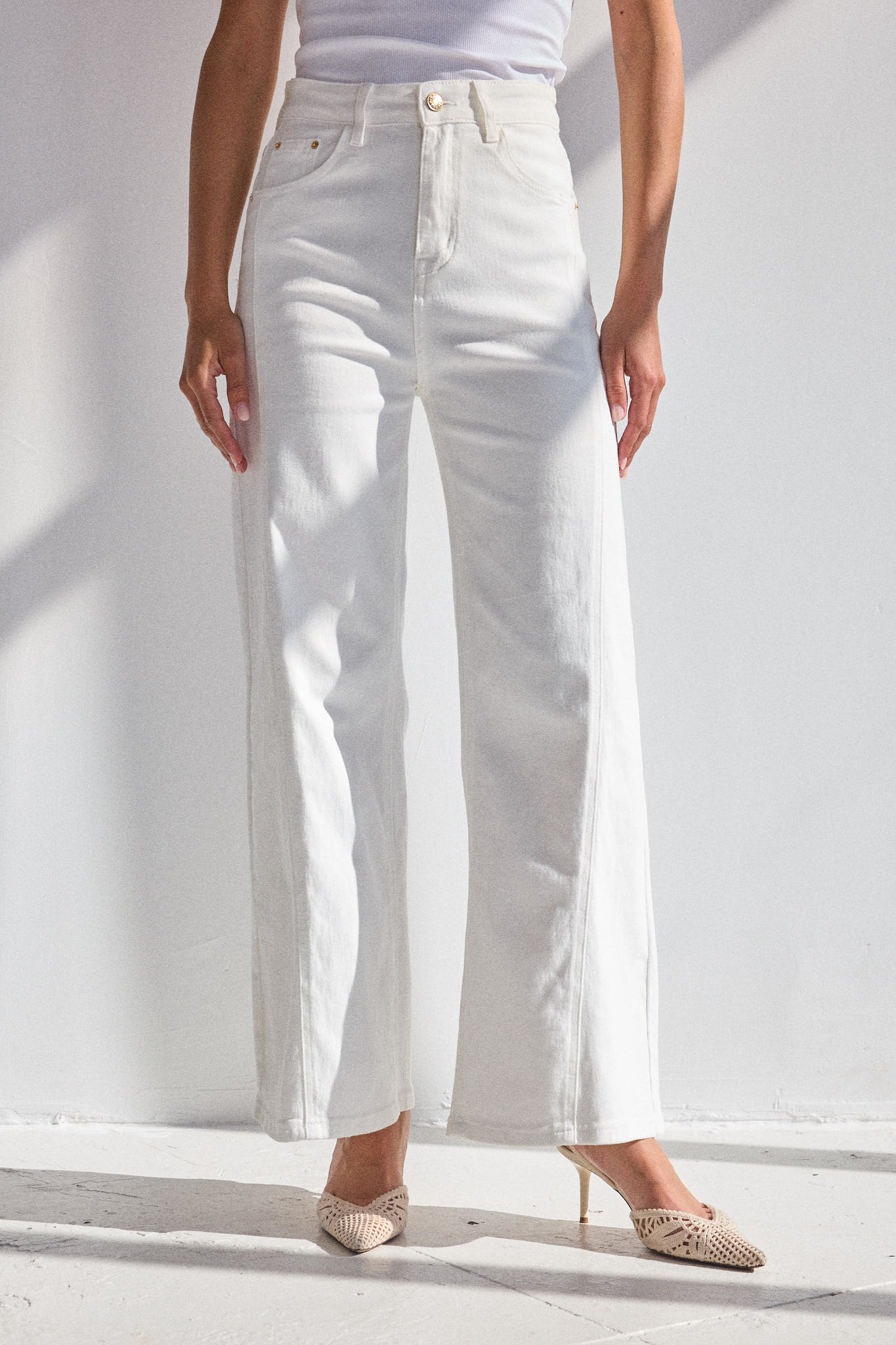 ROMANE - Jean Wide Leg Blanc & Ligne Pin Tuck