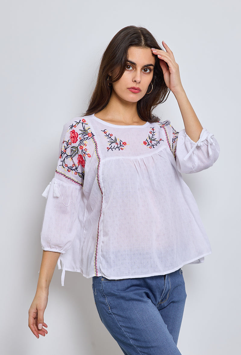 Alba Blouse boheme avec broderies fleurs Vetement Grossiste KY CREATION