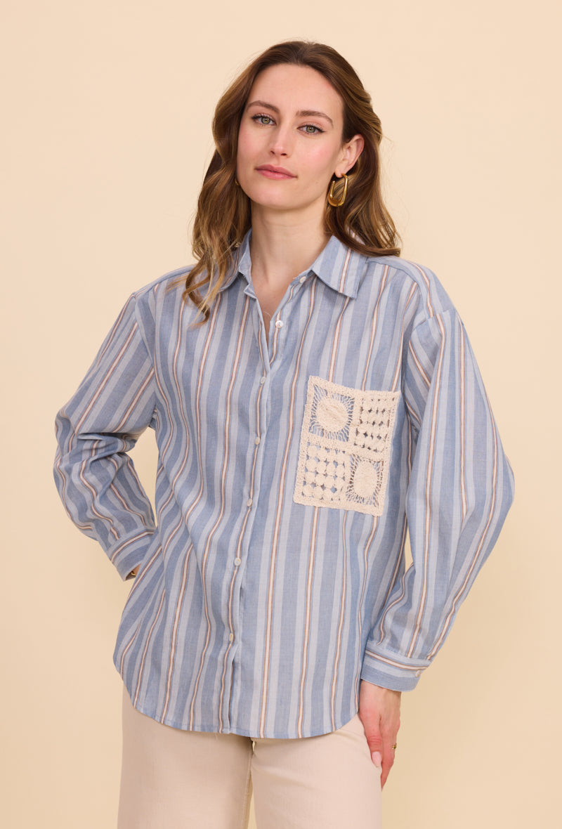 Chemise en coton à rayures avec poche brodée