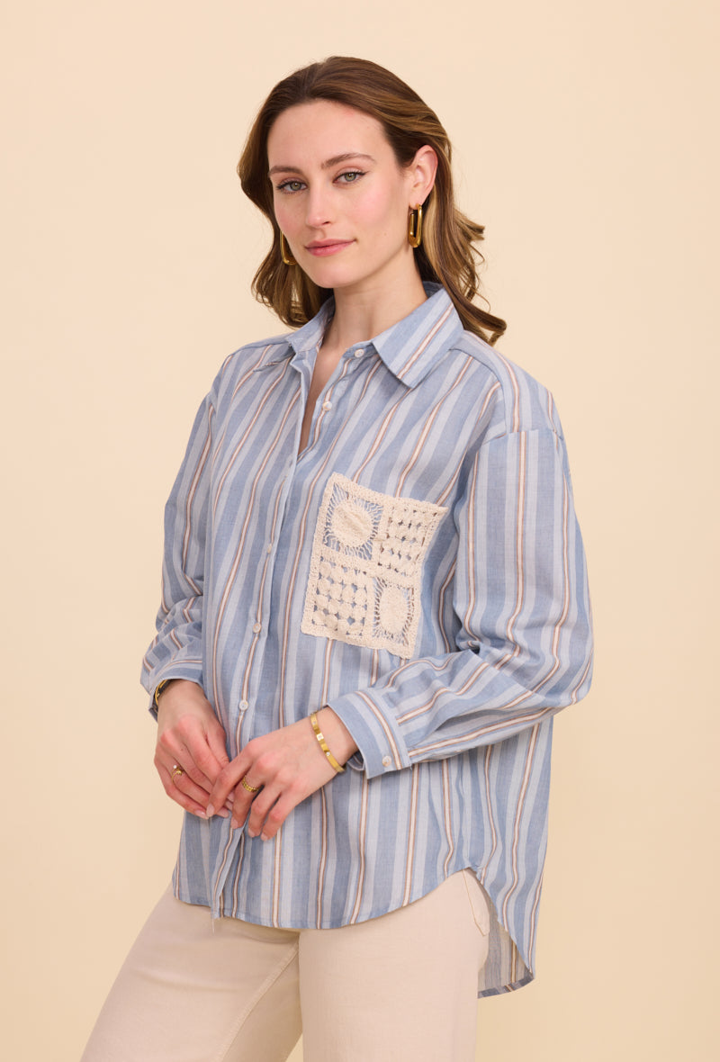 Chemise en coton à rayures avec poche brodée