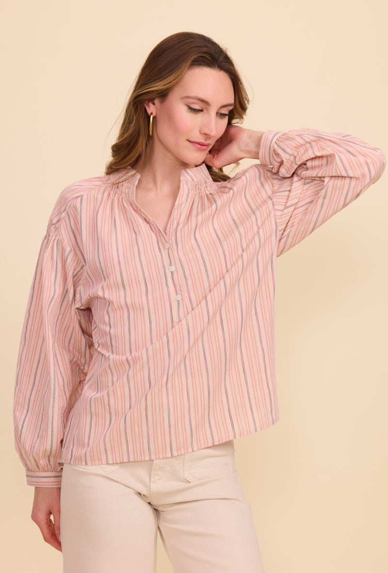 Chemise en coton à rayures, col tunisien