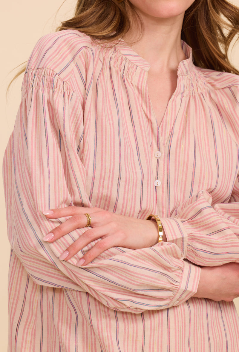 Chemise en coton à rayures, col tunisien