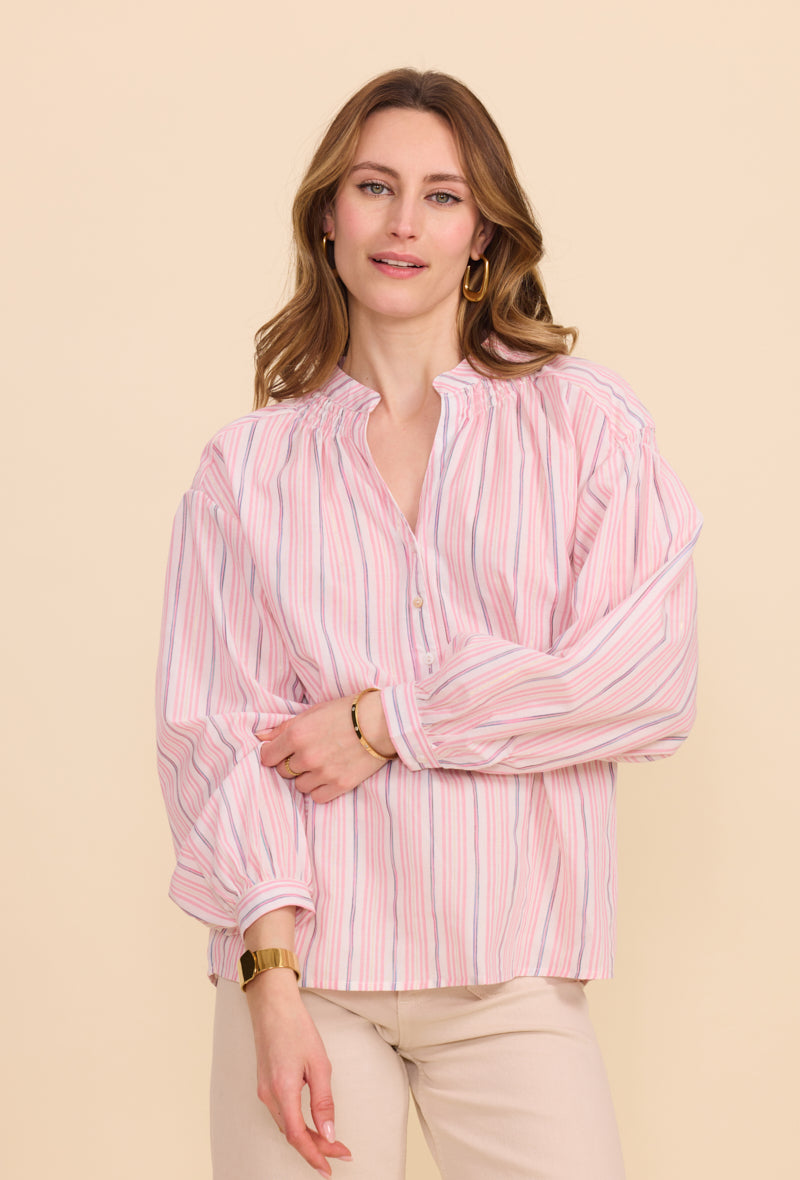 Chemise en coton à rayures, col tunisien
