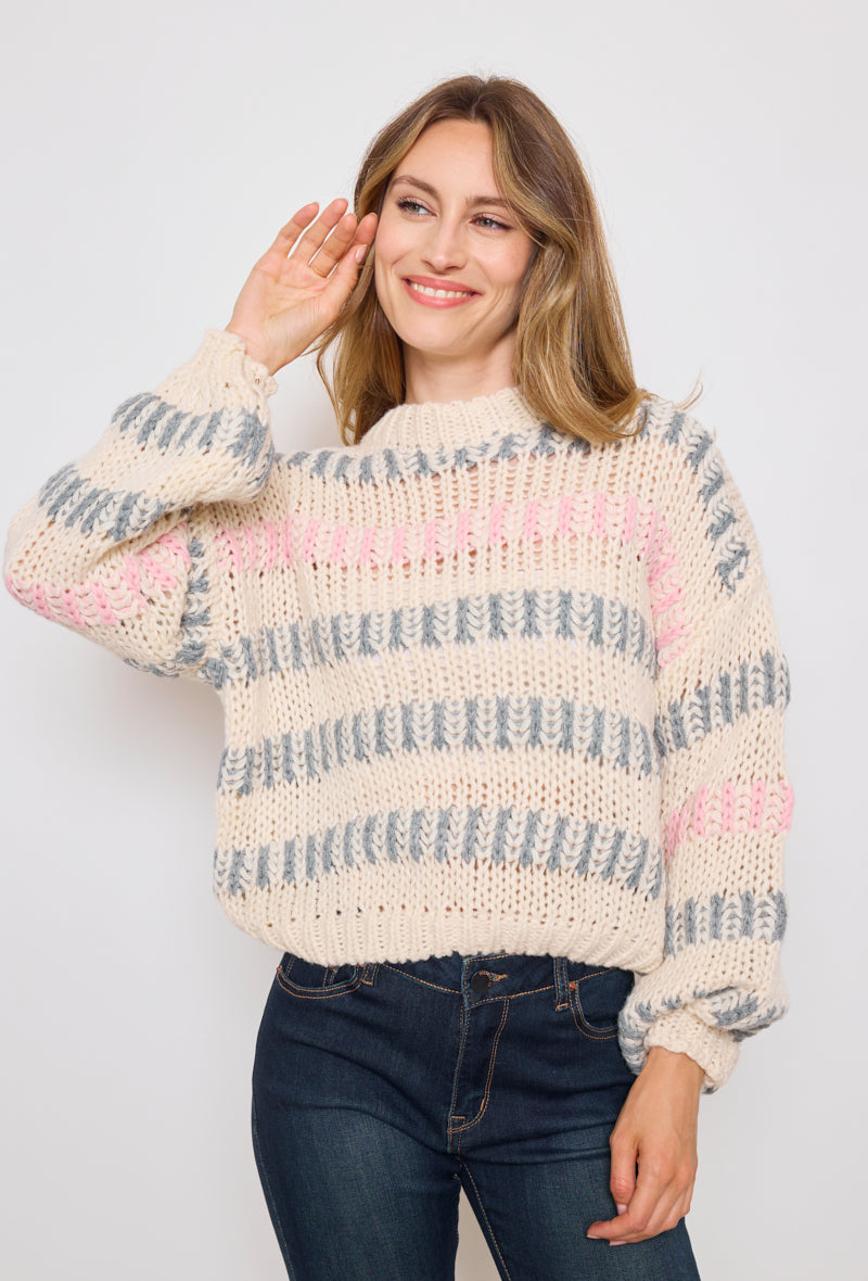 Pull tricot, grosse maille à bandes