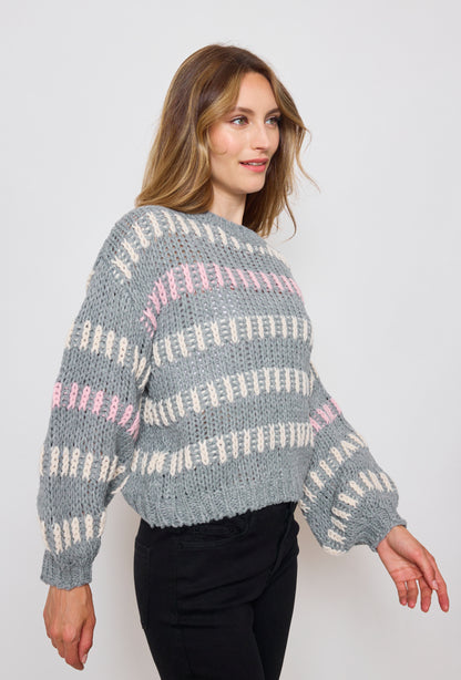 Pull tricot, grosse maille à bandes