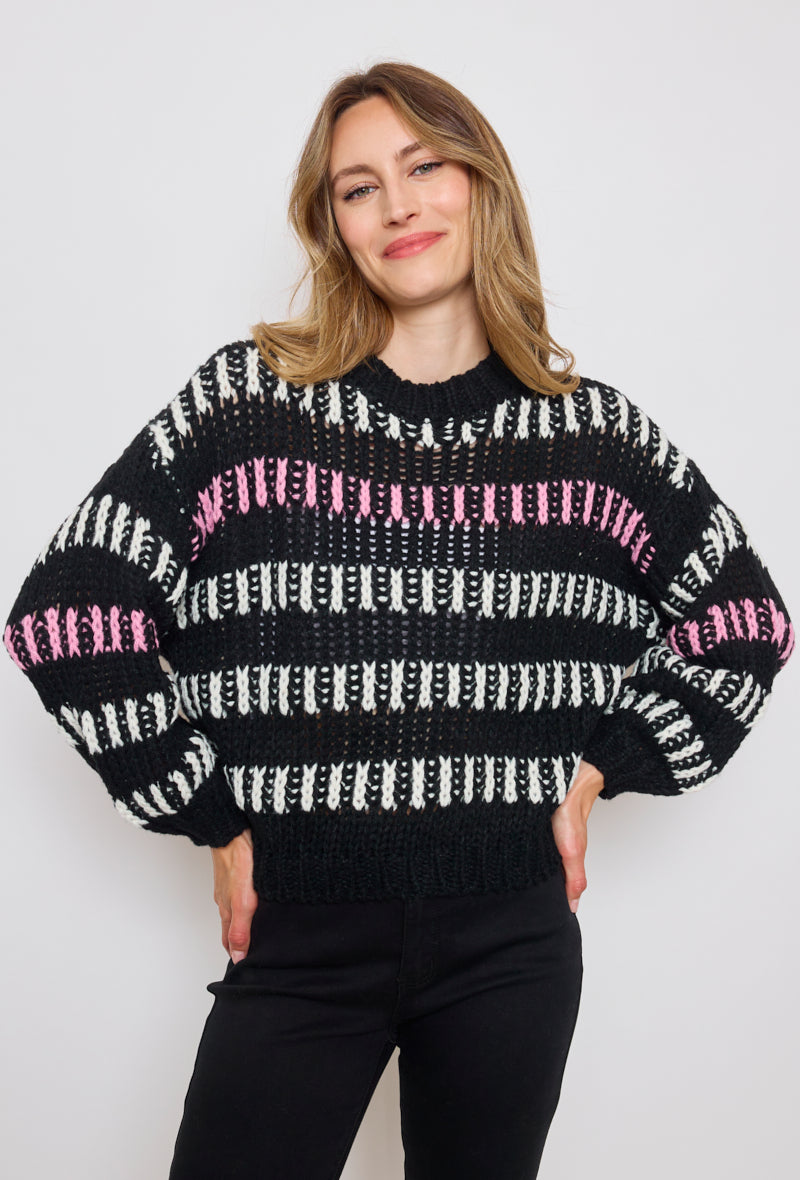 Pull tricot, grosse maille à bandes