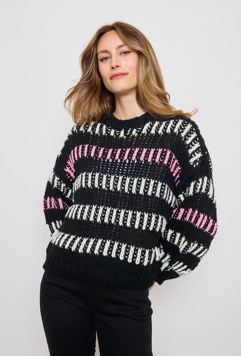 Pull tricot, grosse maille à bandes