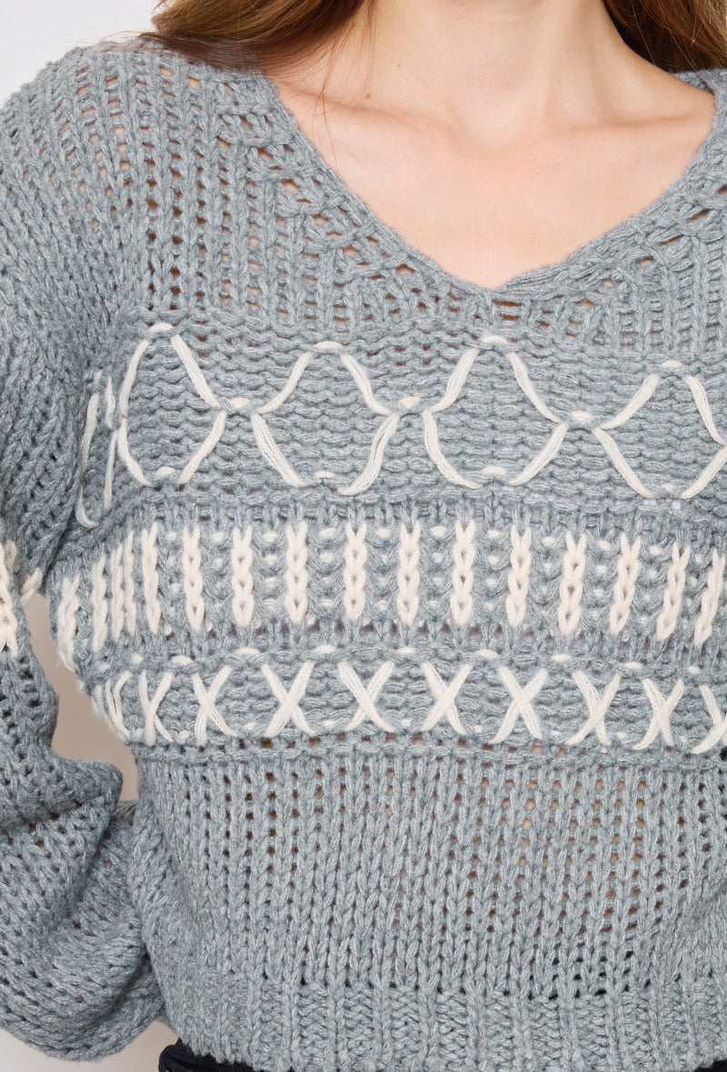 Pull tricot, grosse maille à motifs