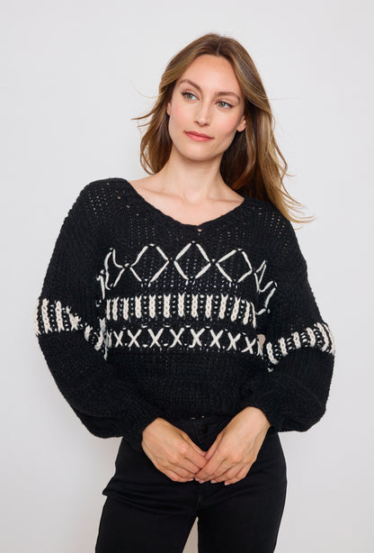 Pull tricot, grosse maille à motifs