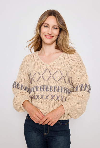 Pull tricot, grosse maille à motifs