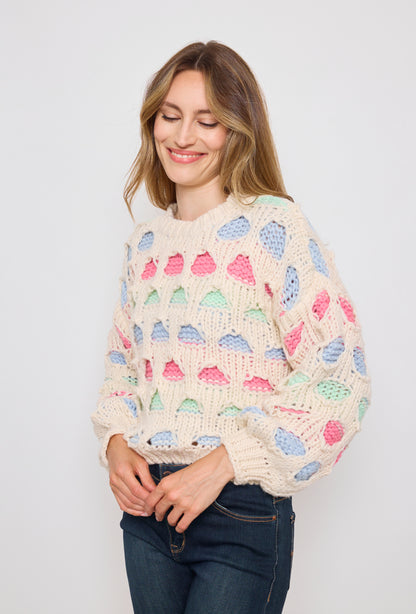 Pull tricot, grosse maille multicolore