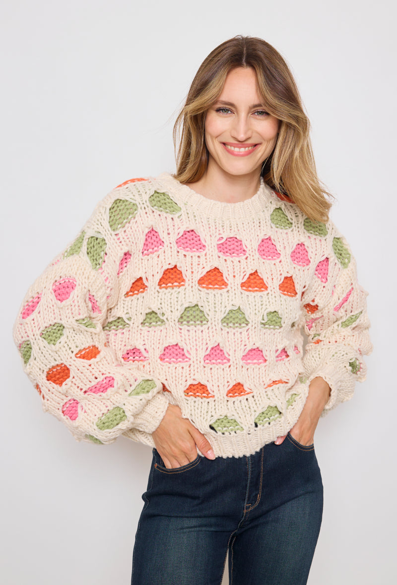 Pull tricot, grosse maille multicolore