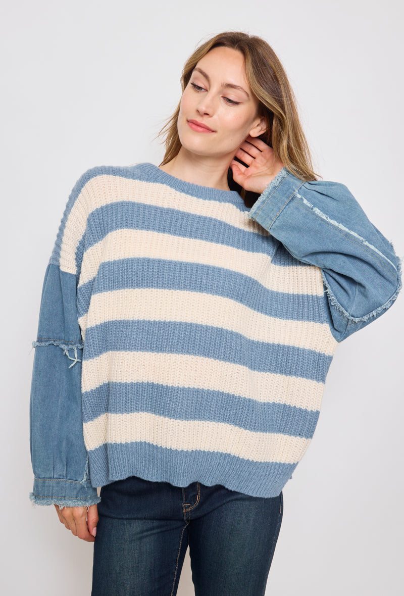 Banded knit sweater with denim sleeves