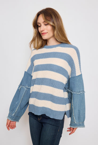 Banded knit sweater with denim sleeves