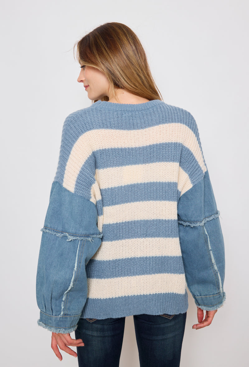 Banded knit sweater with denim sleeves