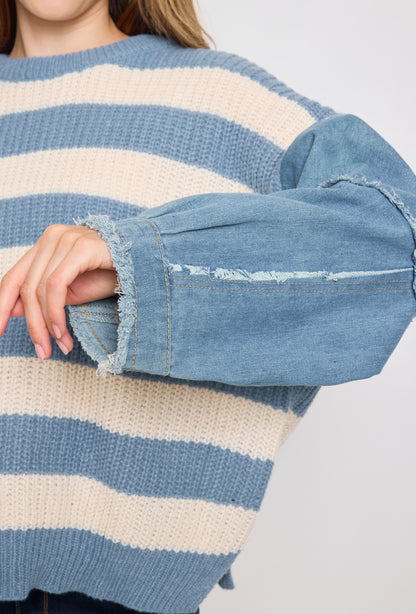 Banded knit sweater with denim sleeves