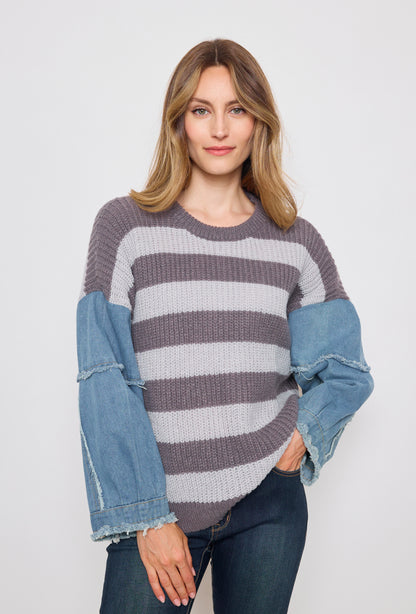 Banded knit sweater with denim sleeves