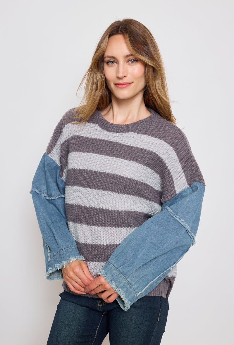 Banded knit sweater with denim sleeves