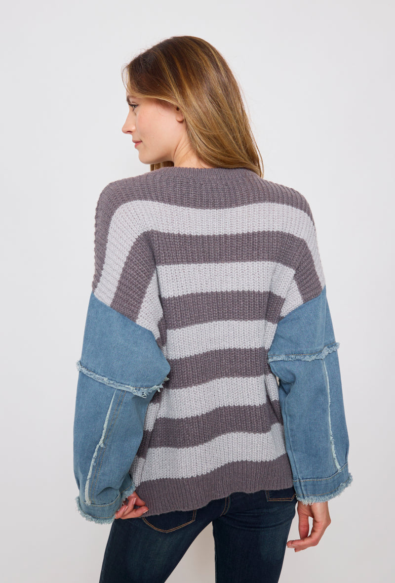 Banded knit sweater with denim sleeves