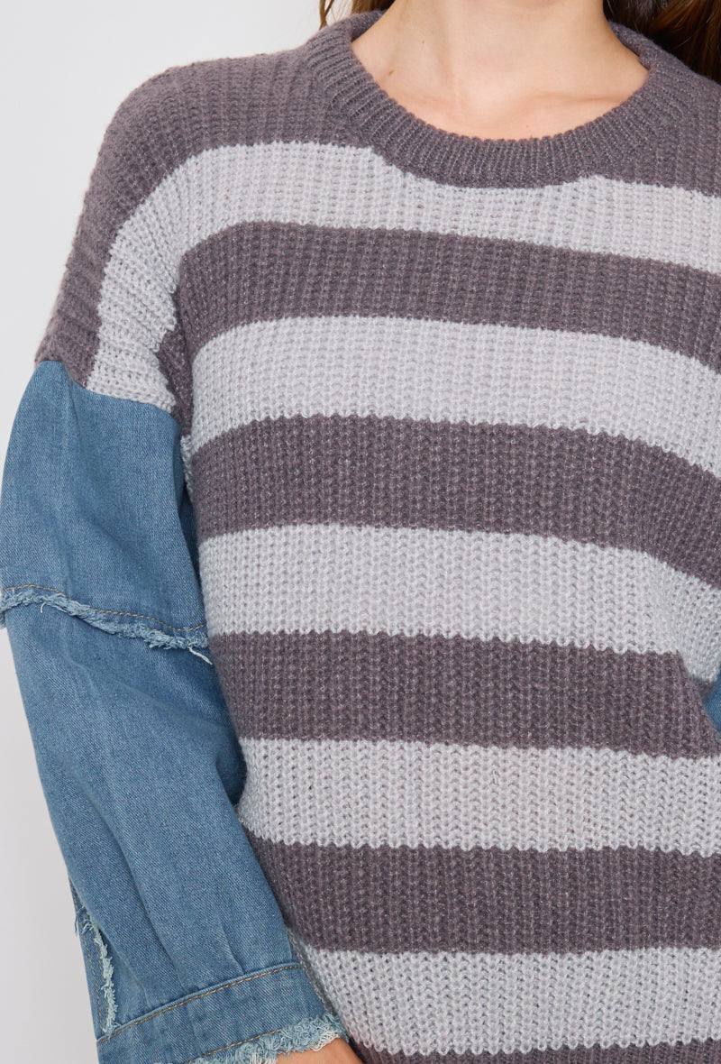 Banded knit sweater with denim sleeves