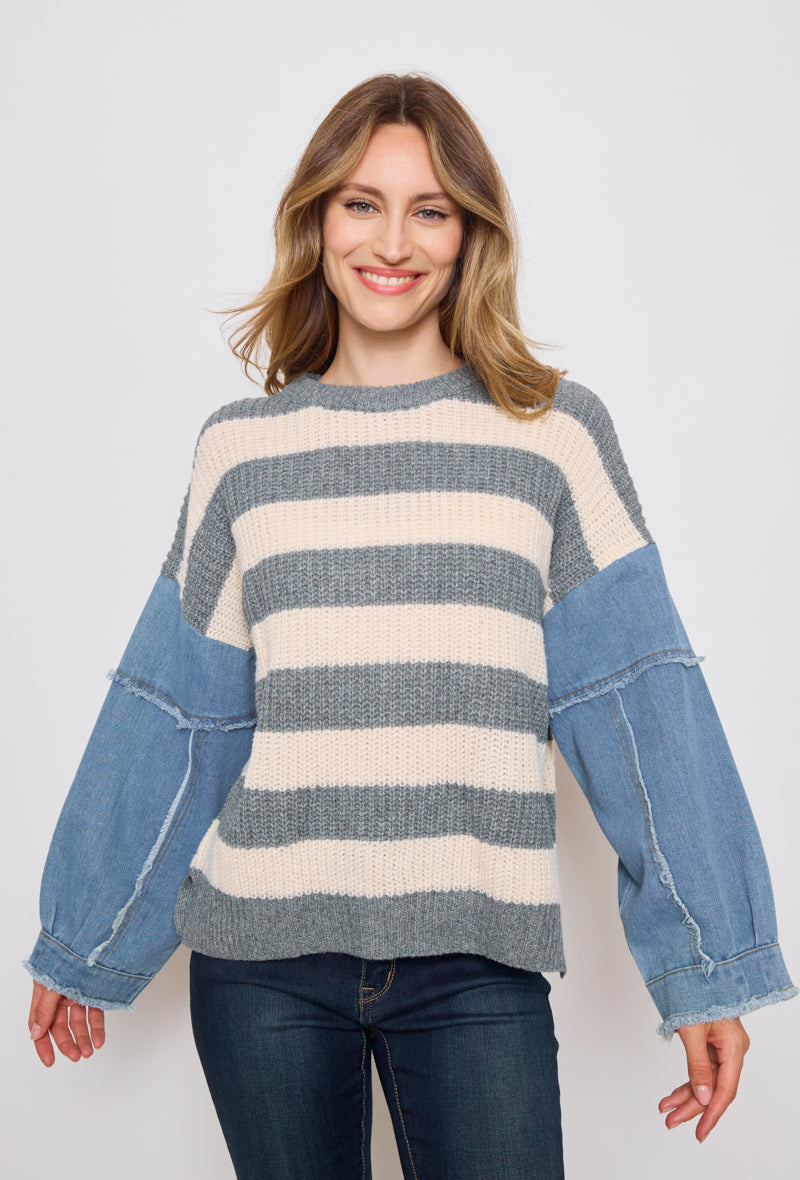 Banded knit sweater with denim sleeves