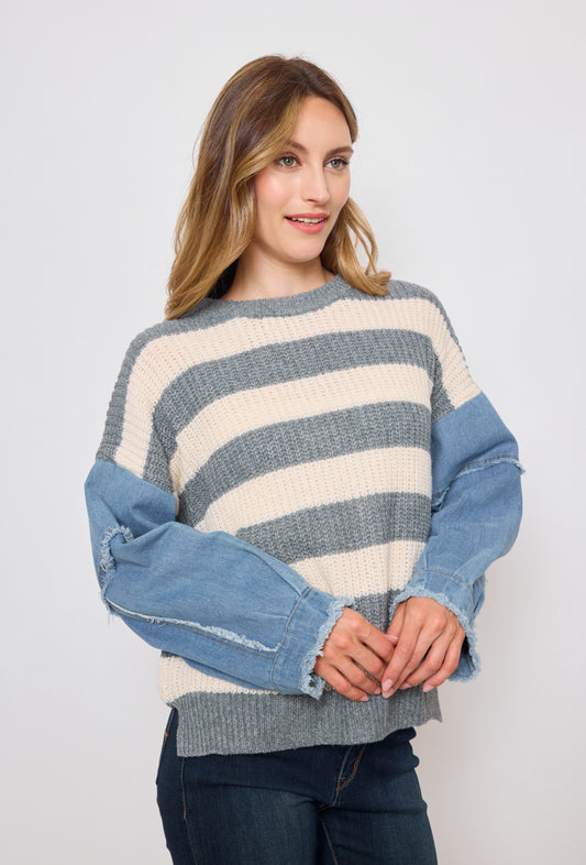 Banded knit sweater with denim sleeves