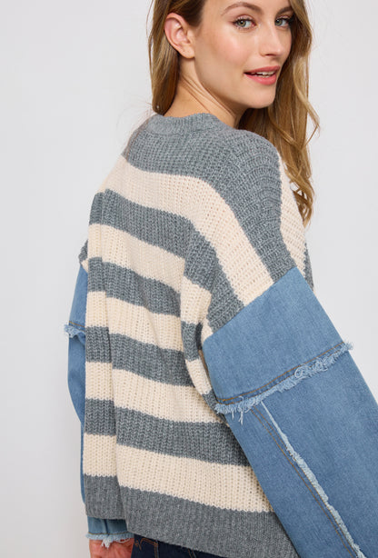 Banded knit sweater with denim sleeves