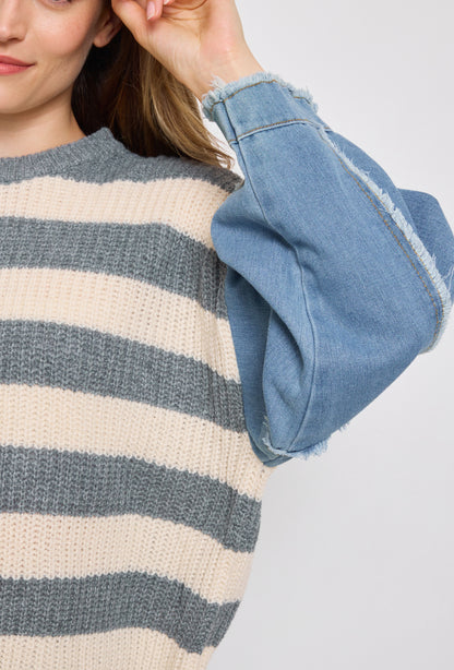 Banded knit sweater with denim sleeves