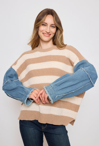 Banded knit sweater with denim sleeves