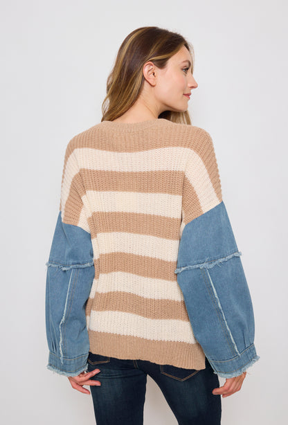 Banded knit sweater with denim sleeves