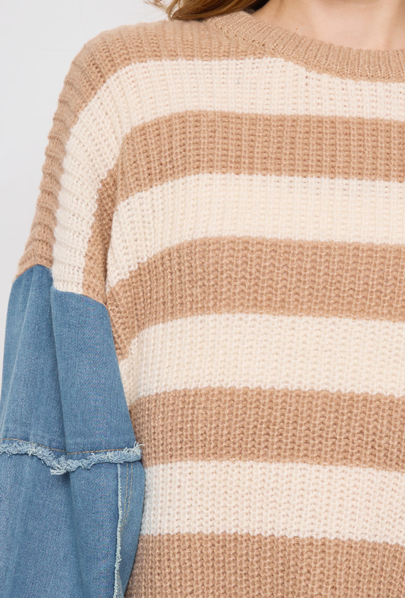 Banded knit sweater with denim sleeves