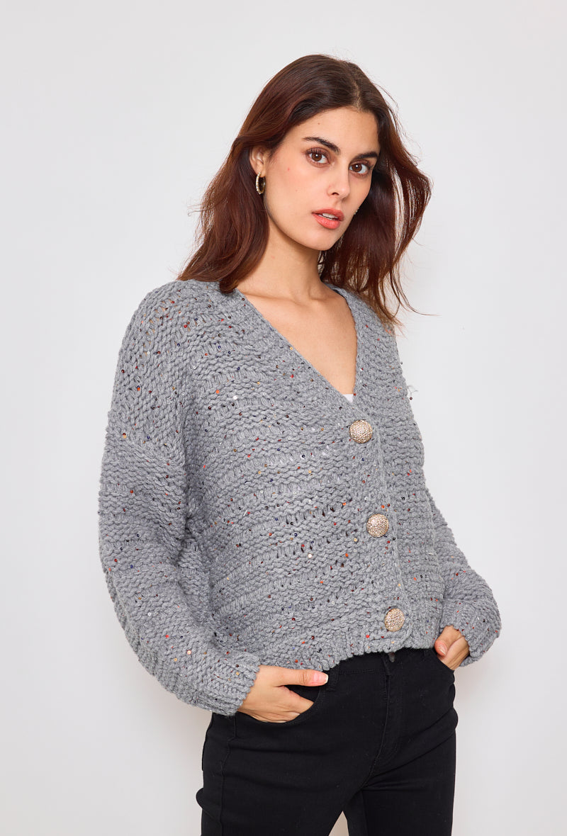 Cardigan tricot, grosse maille à sequins