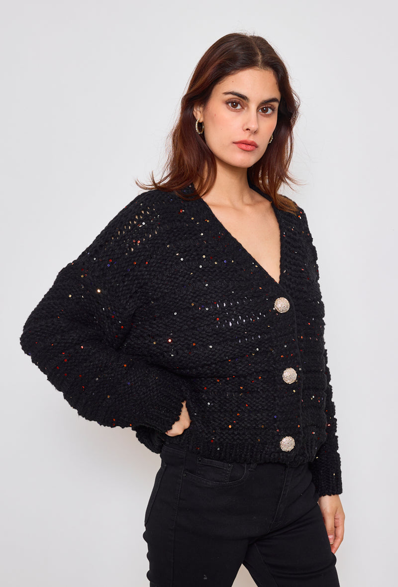 Cardigan tricot, grosse maille à sequins