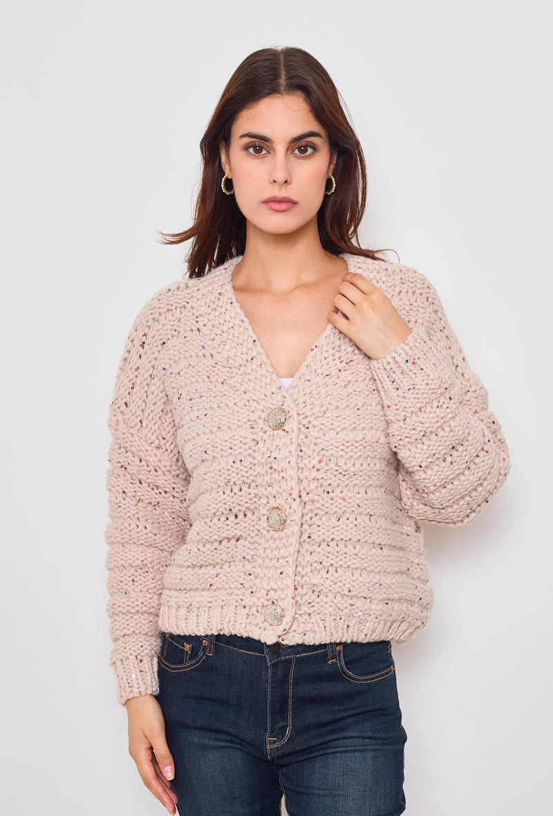 Cardigan tricot, grosse maille à sequins