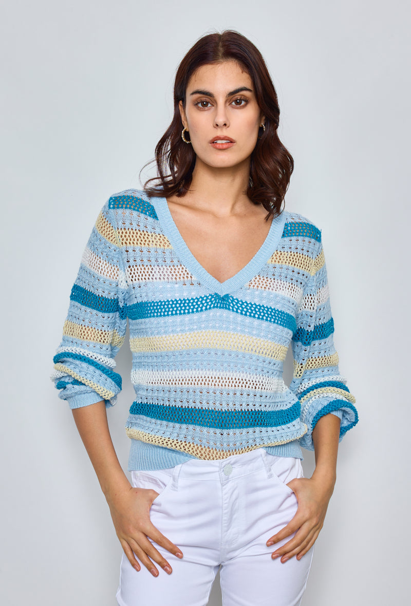 Multicolored striped crochet sweater