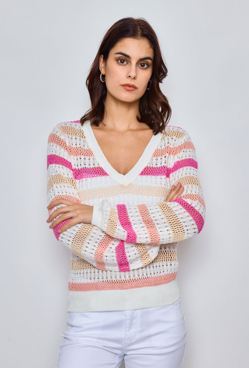 Multicolored striped crochet sweater