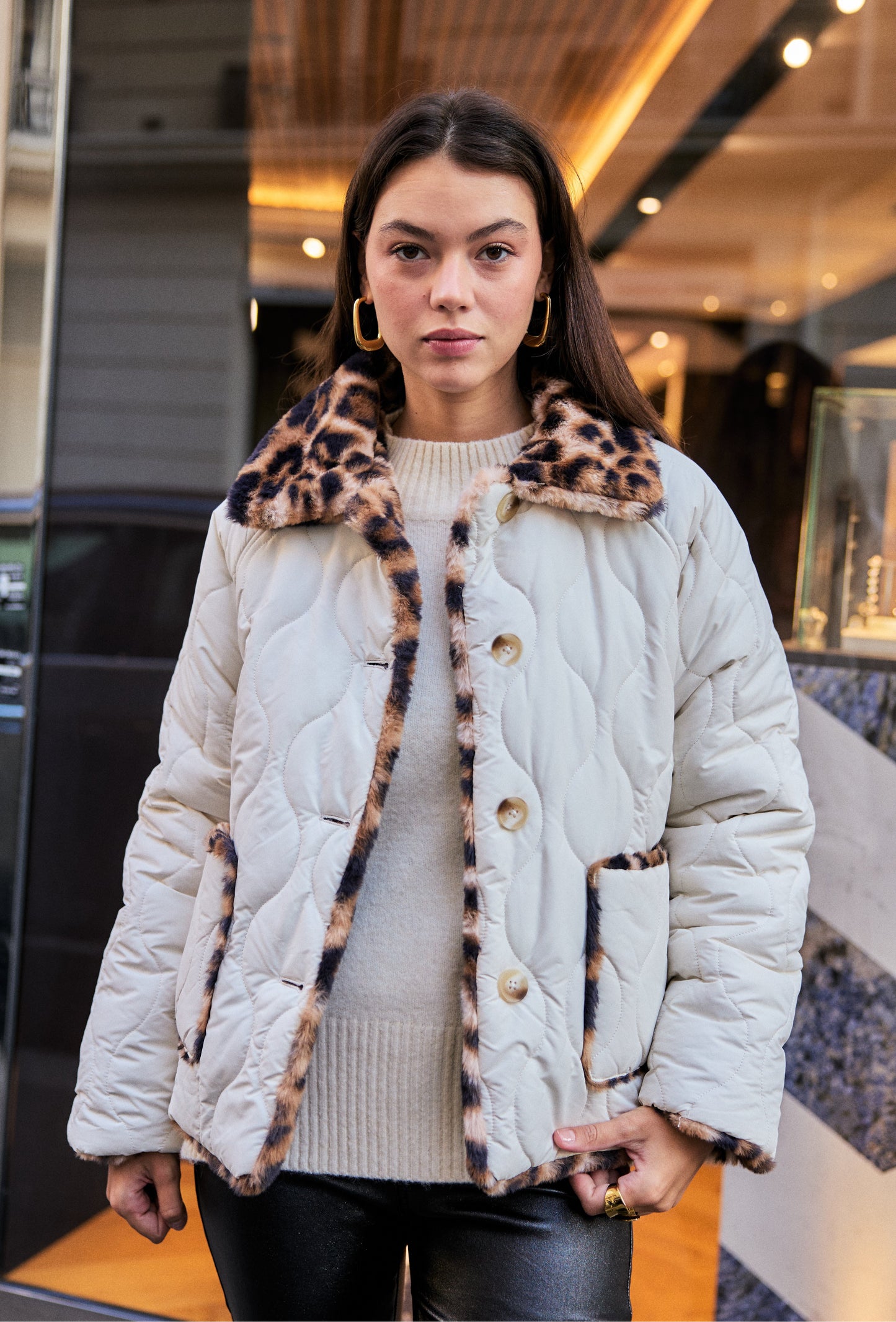 Reversible leopard quilted coat